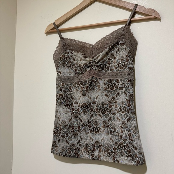 Women’s Vintage Y2K Brown Paisley Print Lace Trim Sparkle Cami Tank Top Size L - Picture 2 of 13